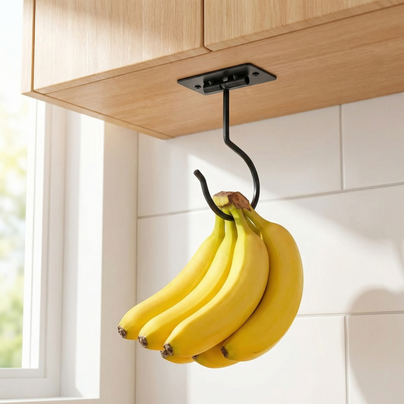 Food Storage Drawer Organizer - Czarny metalowy samoprzylepny haczyk bananowy, składany